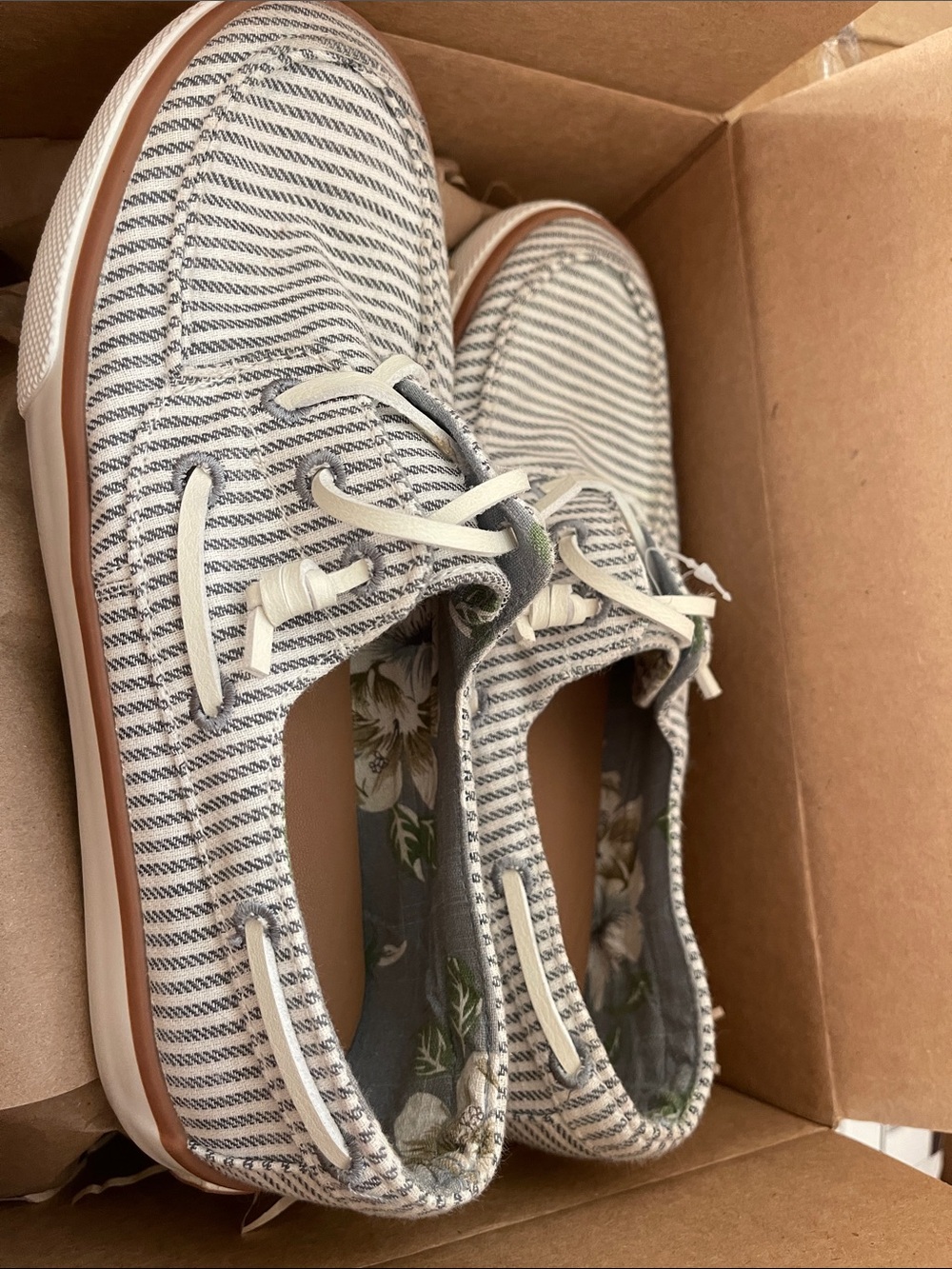 Tommy Bahama Striped Canvas Boat Shoes in Cream and Gray
